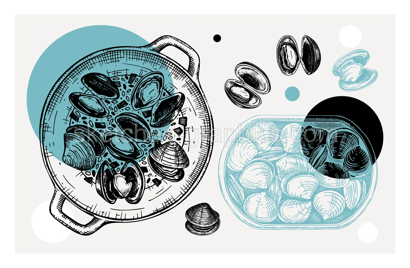Cooked clams with herbs on plate illustration in collage style. Shellfish and seafood restaurant design element. Hand drawn canned clams in tin can sketch isolated on vintage background Illustration